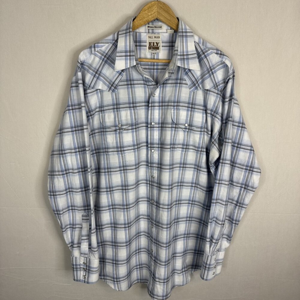 Ely Cattleman Western Snap Shirt Blue Plaid Tall Man XLT Wrinkle Resistant